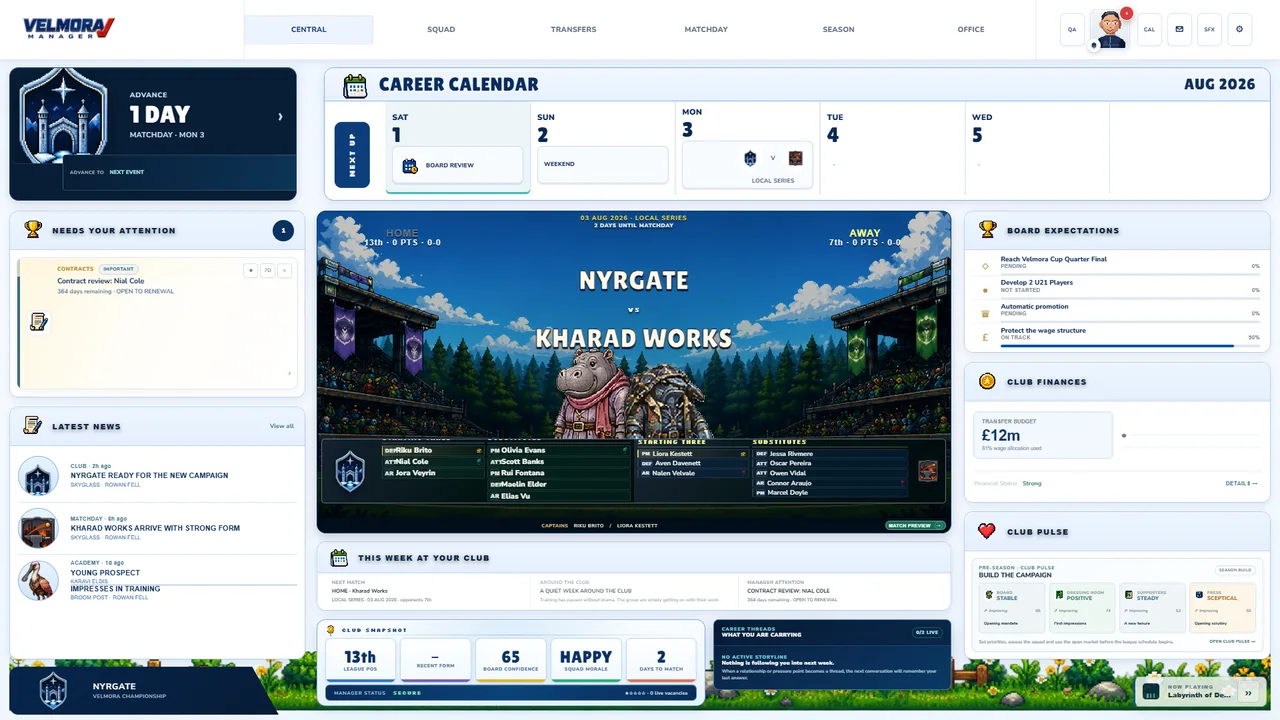 The club management screen in Velmora Manager
