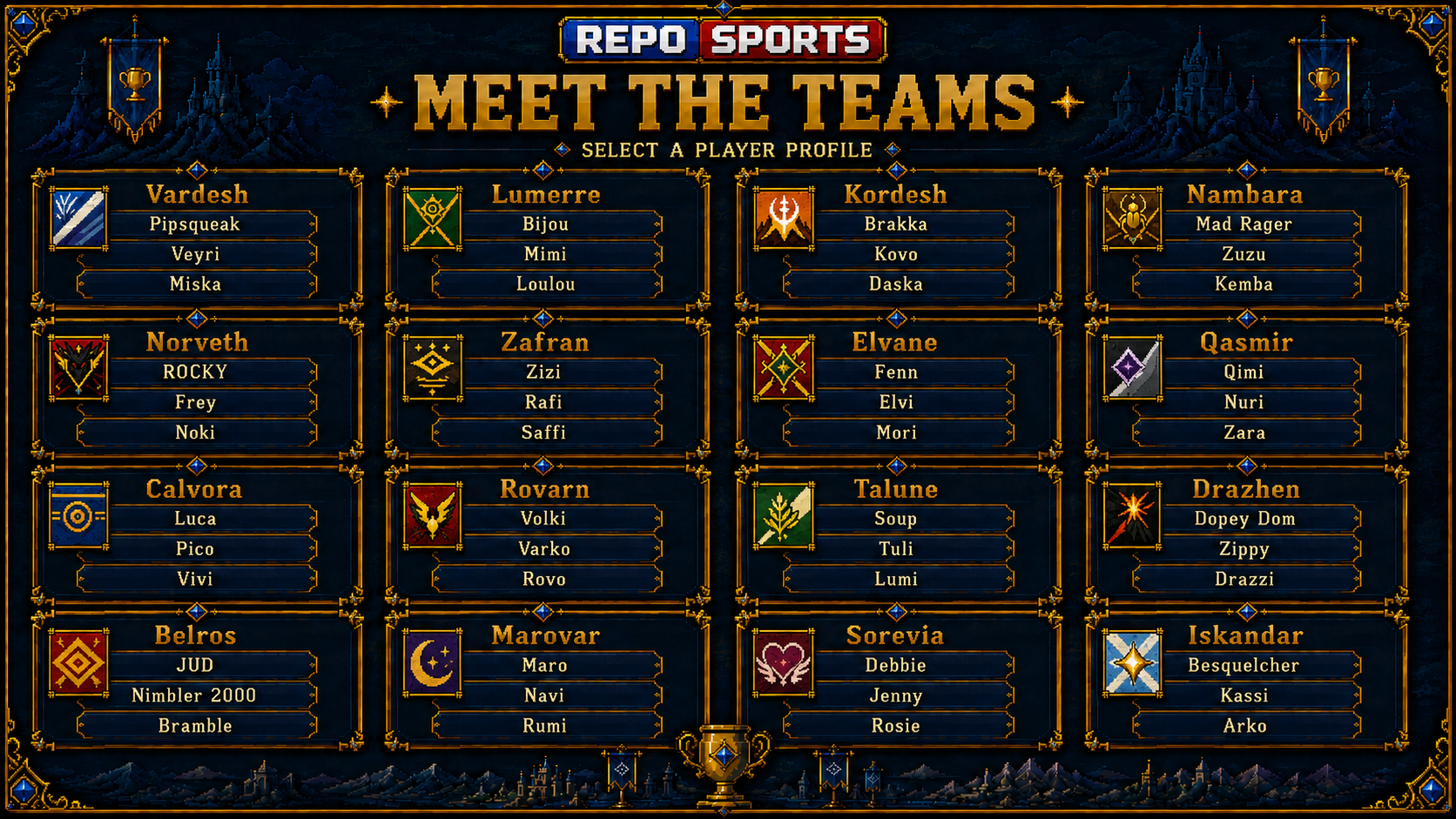 Repo Sports Meet the Teams player selection menu