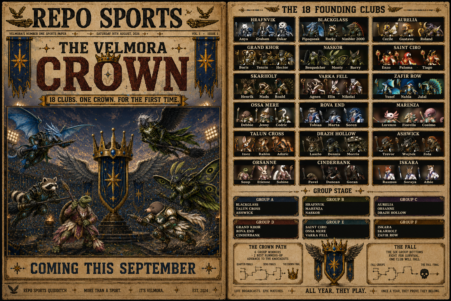 Repo Sports — The Velmora Crown illustrated newspaper spread